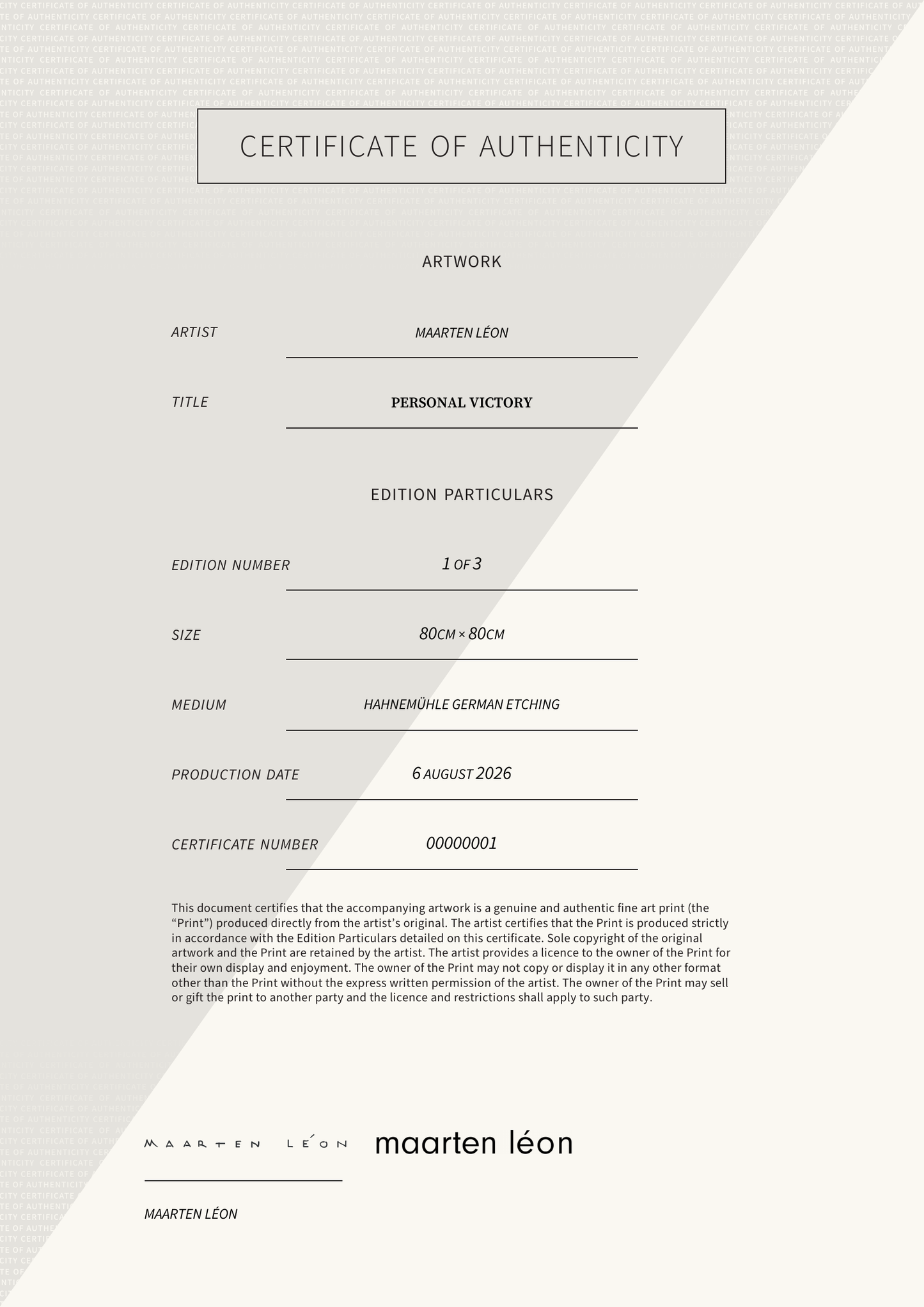 Personal Victory — Certificate of Authenticity